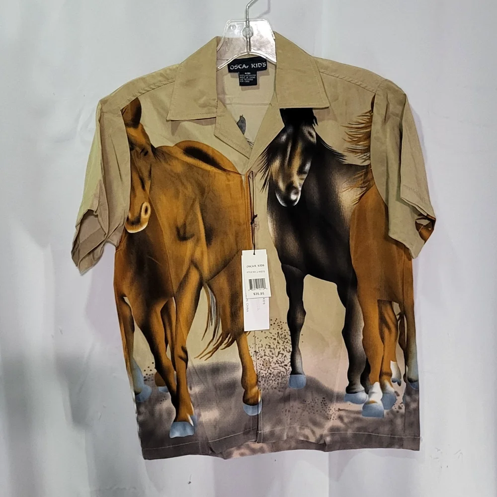 Oscar Kids- Boys NWT Horse Graphic Short Sleeve Dress Shirt Size Medium (8)